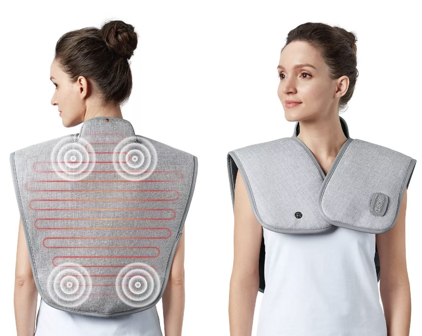 Model wearing the pad over her upper back and shoulders with designs showing the heating and massage elements inside the wrap
