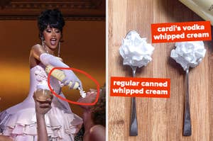 Cardi B spraying her whipshots into a model's mouth; canned whipped cream vs. cardi's vodka whipped cream on spoons, which look similar