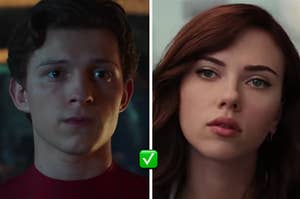 Natasha and Spider-Man face each other with a check mark in the center