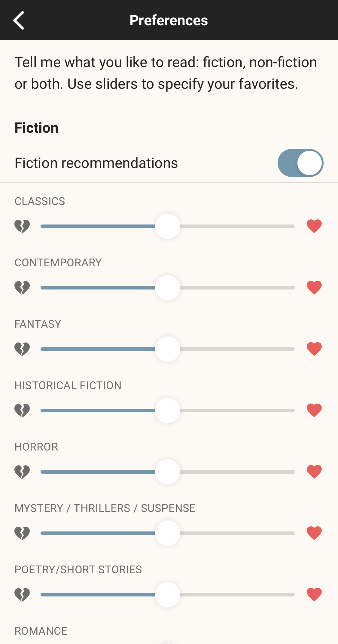 a scroll bar for you to adjust how much you like different genres