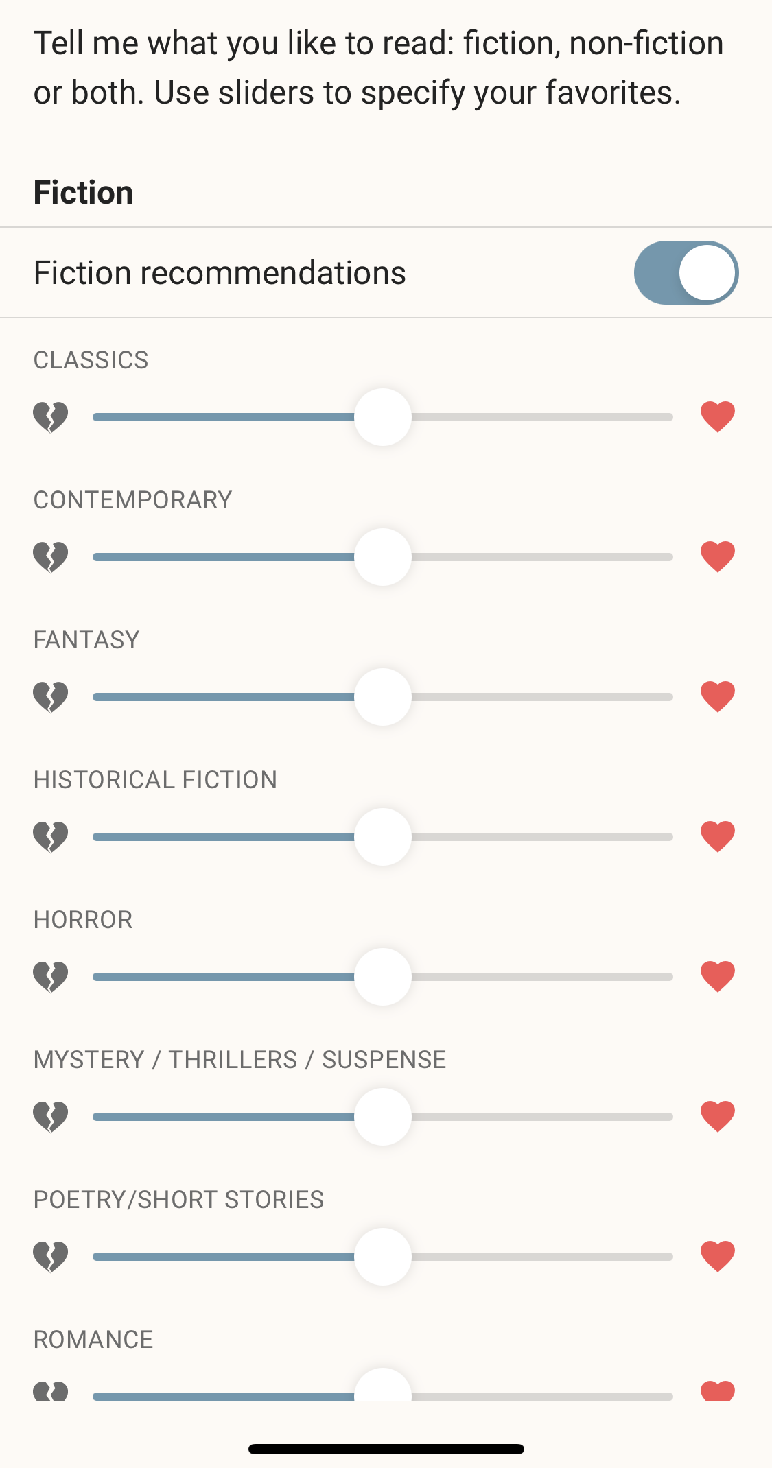 a scroll bar for you to adjust how much you like different genres