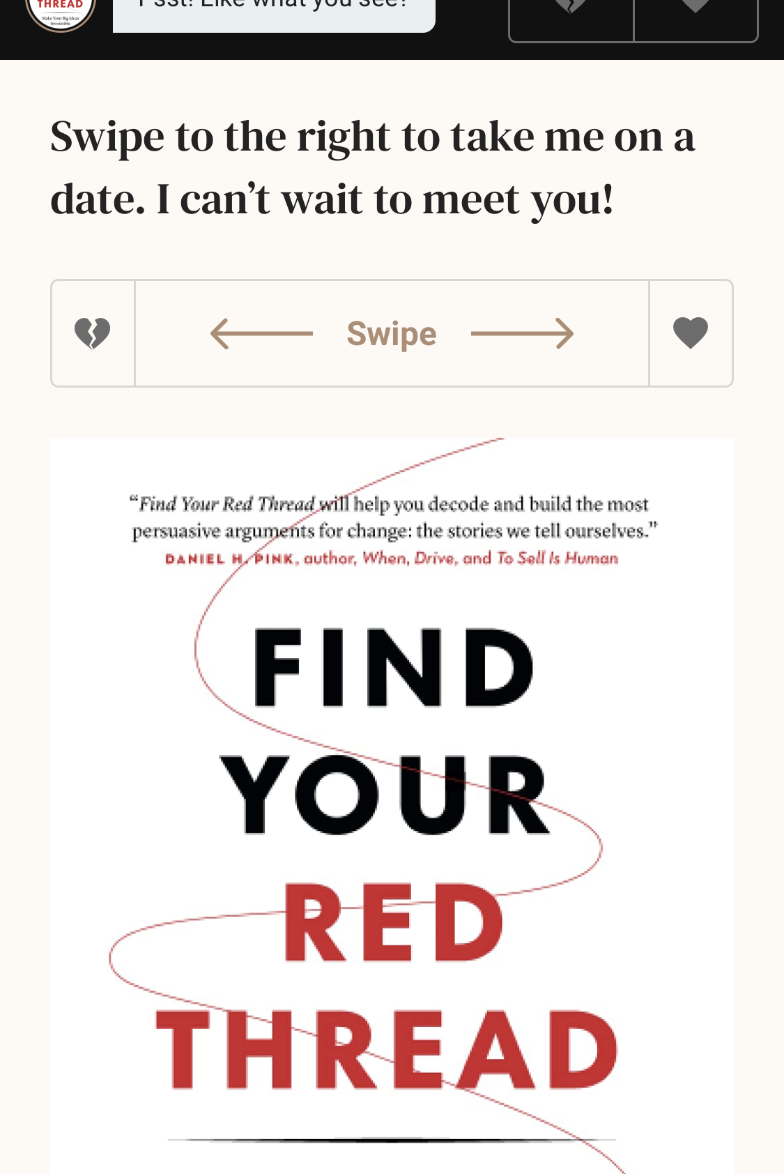the book cover below the text, swipe right to take me on a date