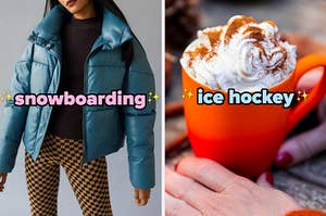 On the left, someone wearing a puffer jacket labeled snowboarding, and on the right, a pumpkin spice latte topped with whipped cream and cinnamon labeled ice hockey