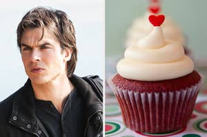 damon salvatore on the left and a valentine's day cupcake on the right