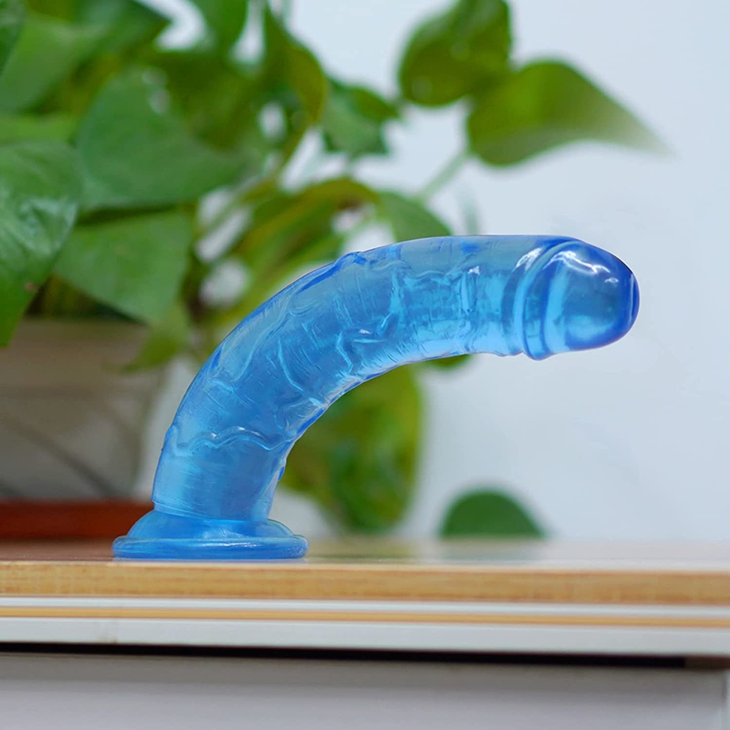 The dildo on a table beside a plant