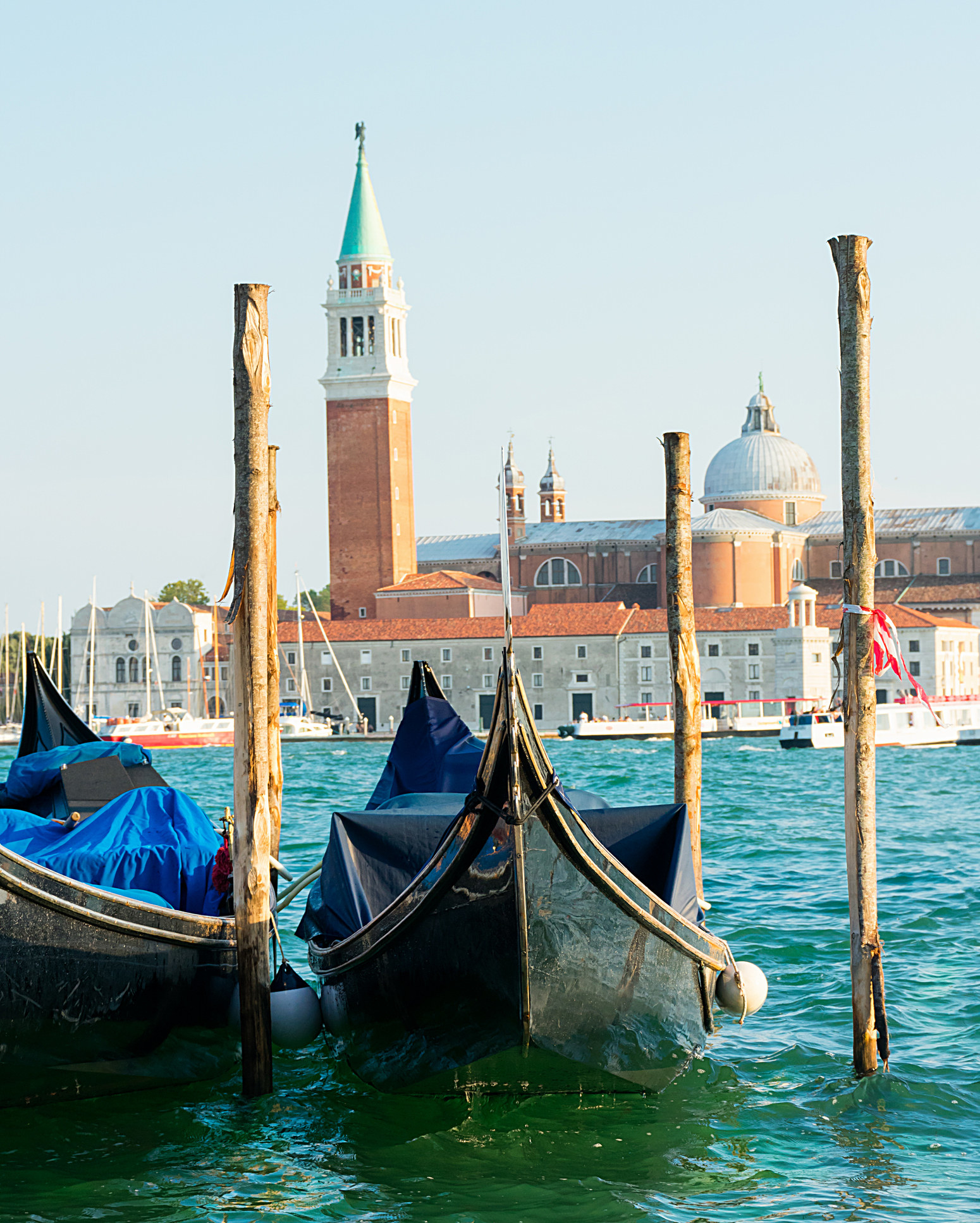 Gondolas in the canal in Venice.