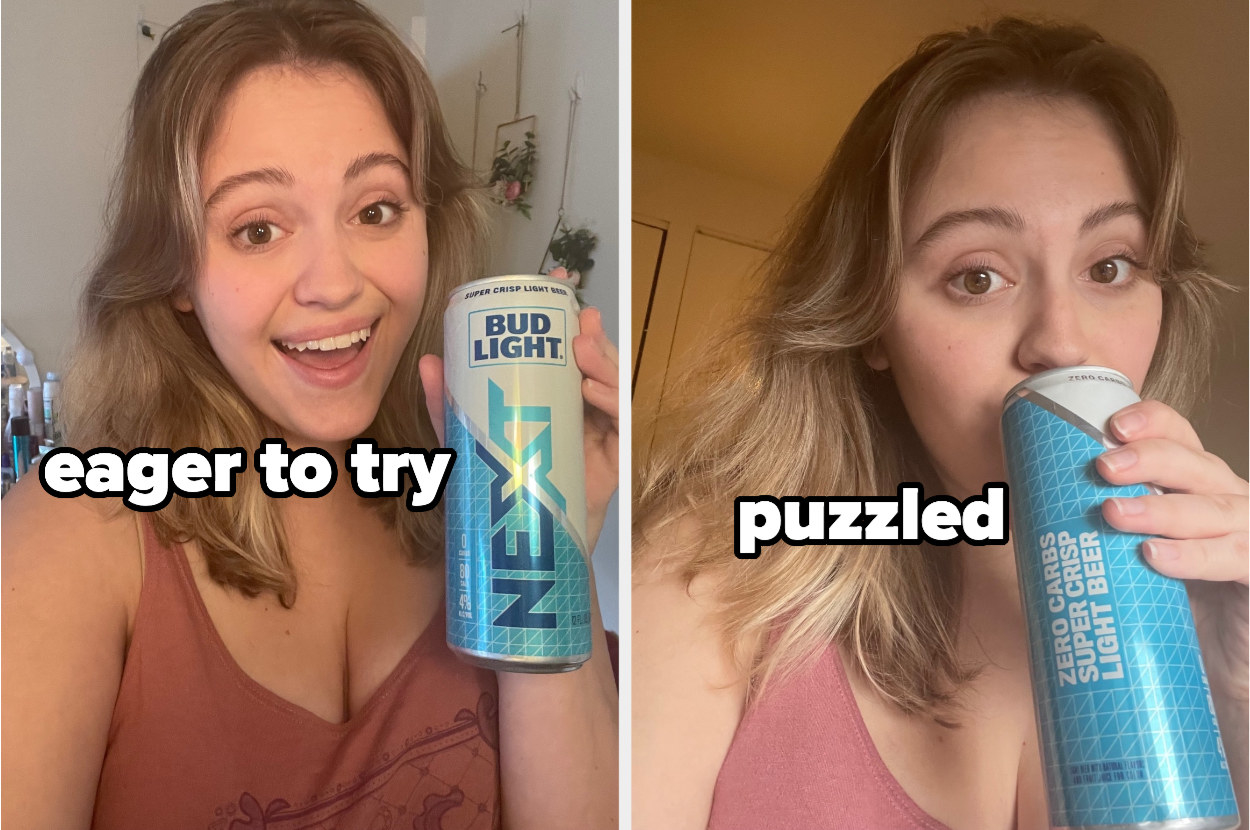 woman smiling with a can of bud light next with the text &quot;eager to try,&quot; then a woman sipping the drink with the text &quot;puzzled&quot;