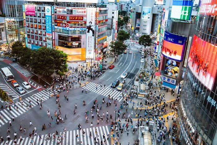 Elevated view of famous Shibuya pedestrian crossing, Tokyo.