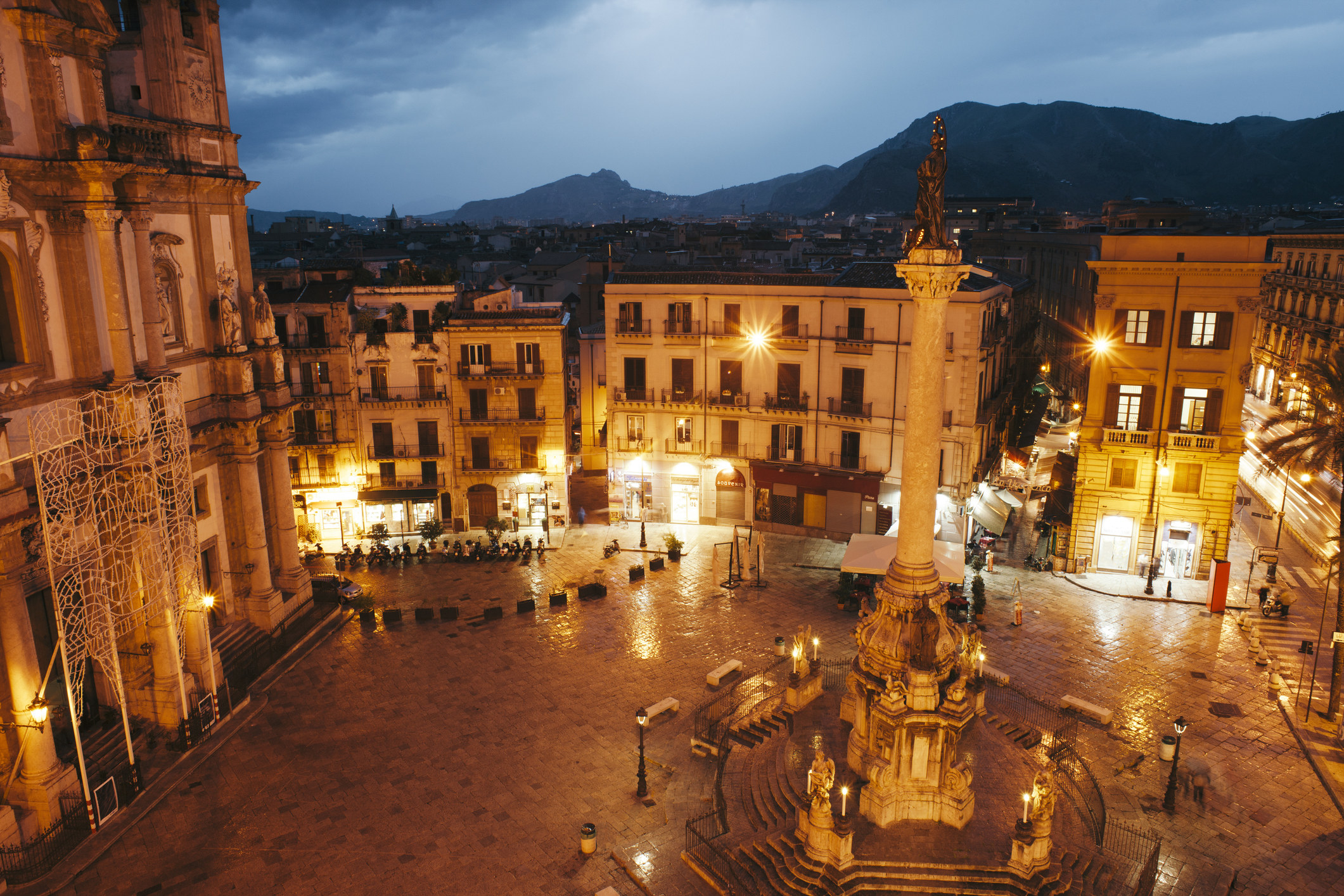 Elevated view over Piazza in Palermo at night.