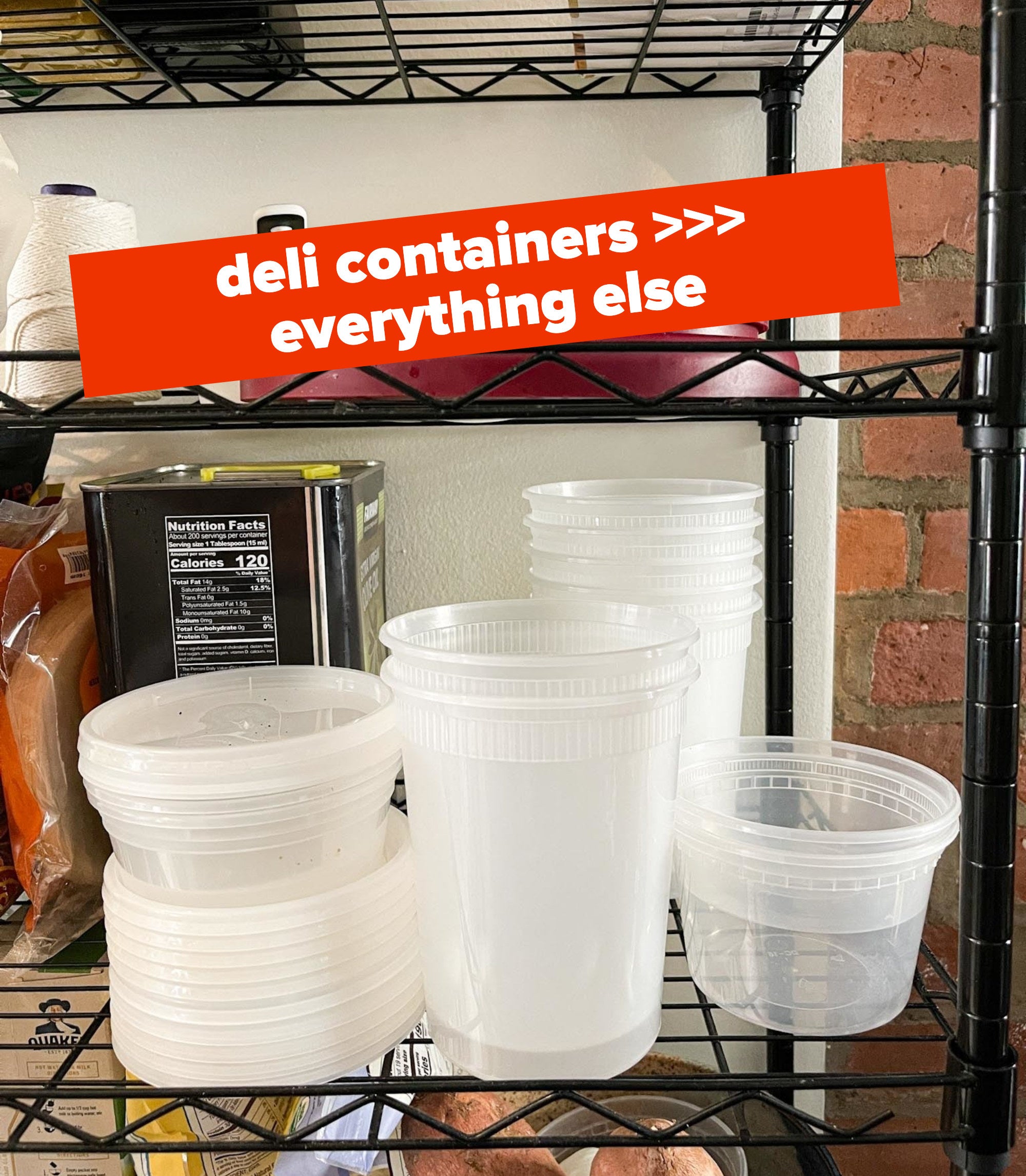 Deli containers on a wire shelf with caption &quot;deli containers &amp;gt;&amp;gt;&amp;gt; everything else&quot;