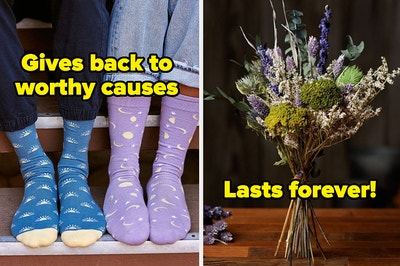 L: a pair of models wearing socks printed with moons and suns and text reading "gives back to worthy causes", R: a bouquet of dried flowers and text reading "lasts forever!"
