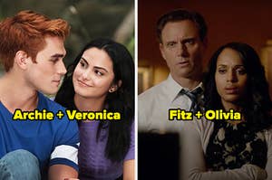 On the left, Archie and Veronica from Riverdale, and on the right, Fitz and Olivia from Scandal