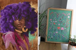 painting of Black woman with purple hair, floral piece of art