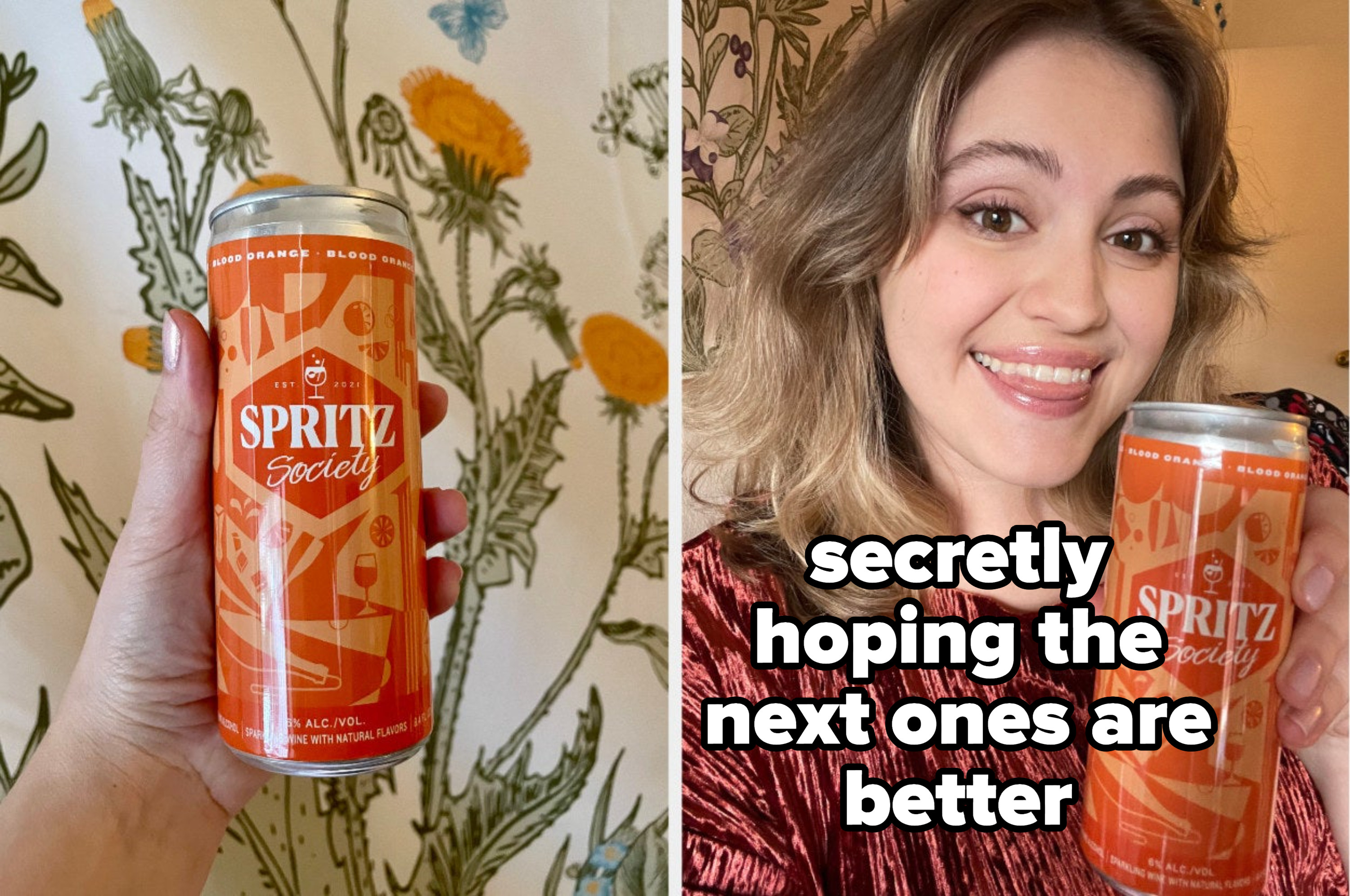 canned cocktail next to a woman holding it and smiling