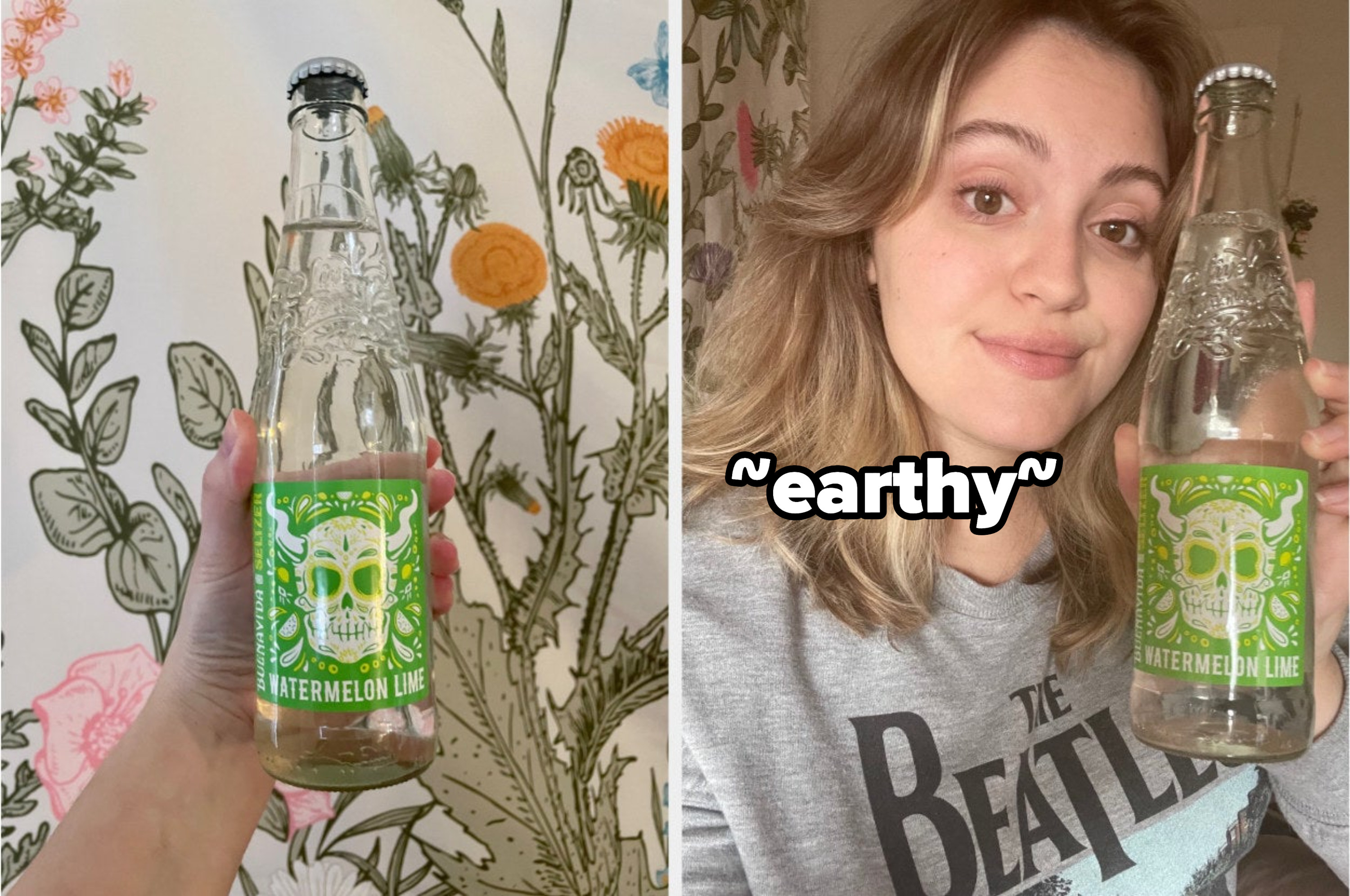 glass bottle of hard seltzer next to a woman holding it