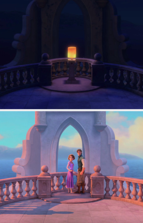 Rapunzel and Flynn standing in the same spot Rapunzel&#x27;s parents released the lantern