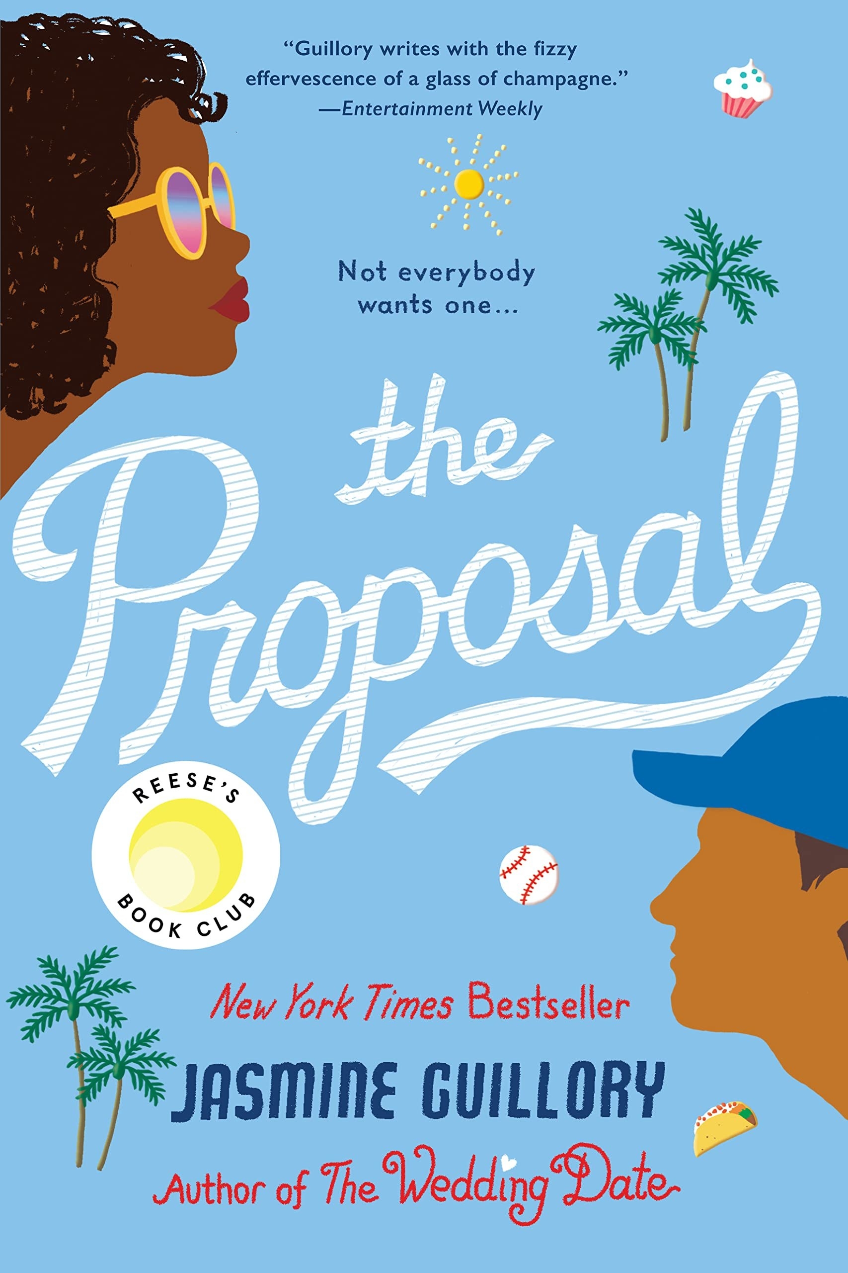 A blue book cover with a couple, baseballs, palm trees, and tacos that reads The Proposal