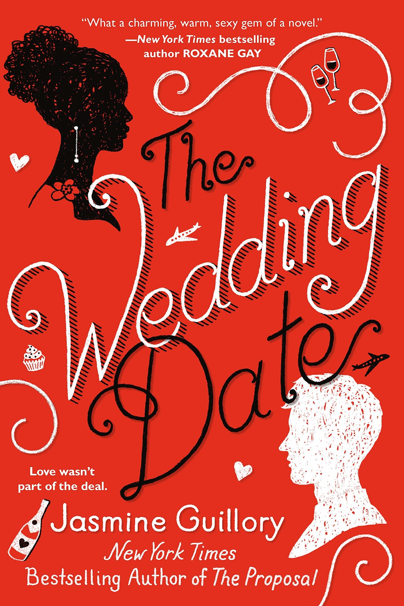A red book cover with a Black woman and a white man that reads The Wedding Date