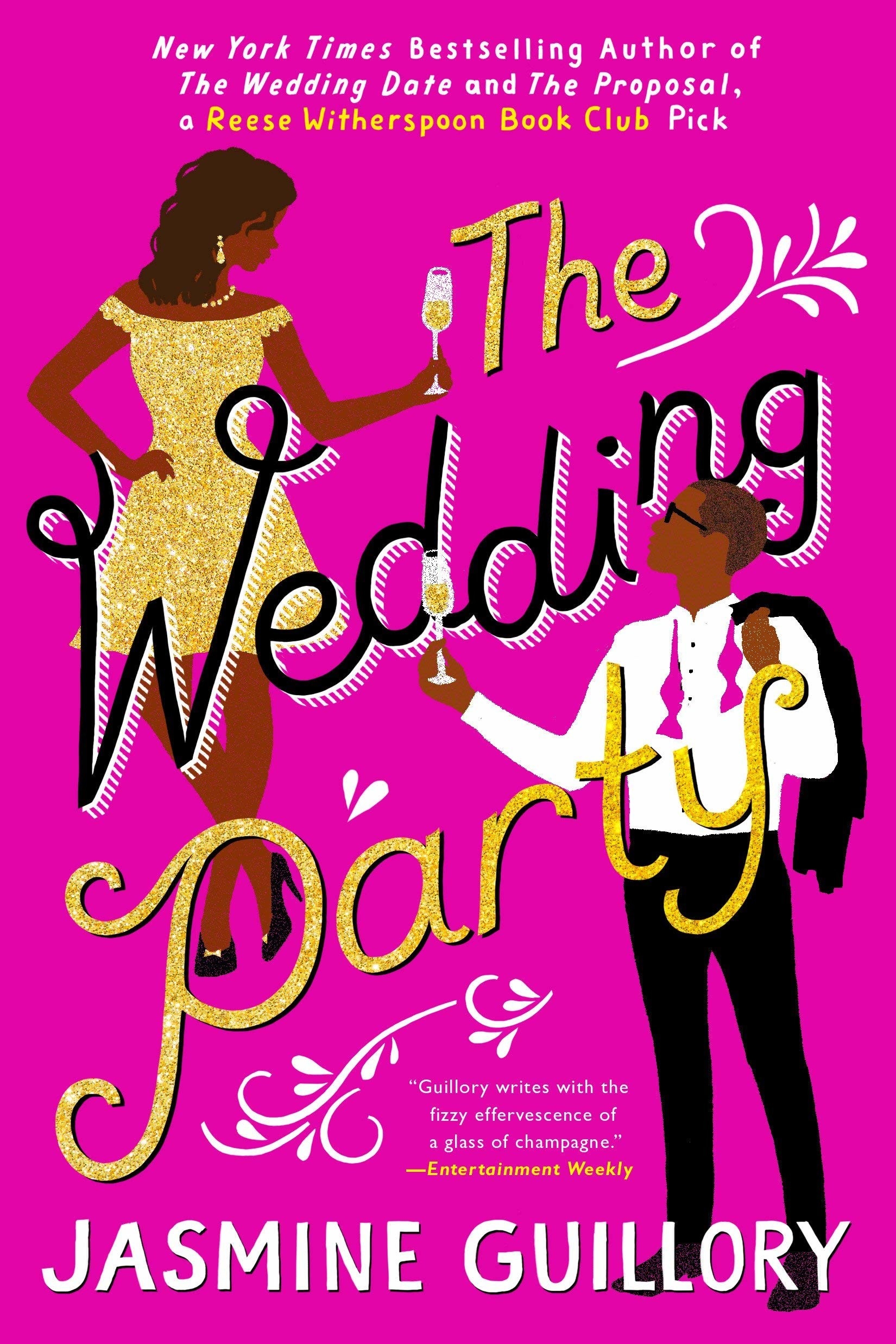 A pink book cover with a Black couple clinking champagne glasses that reads The Wedding Party