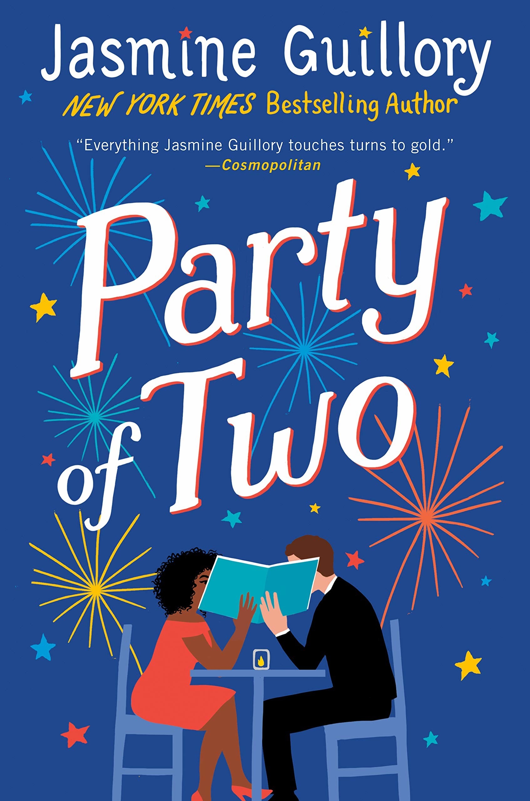 A blue book cover featuring a couple hiding their faces behind a menu that reads Party of Two