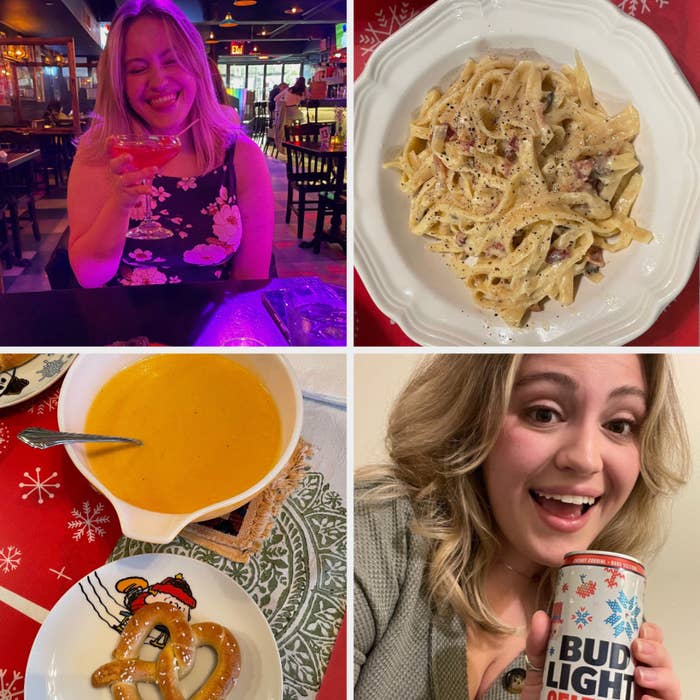 a woman with a cocktail, then a bowl of pasta, then a pretzel with beer cheese, then a woman with a hard seltzer can
