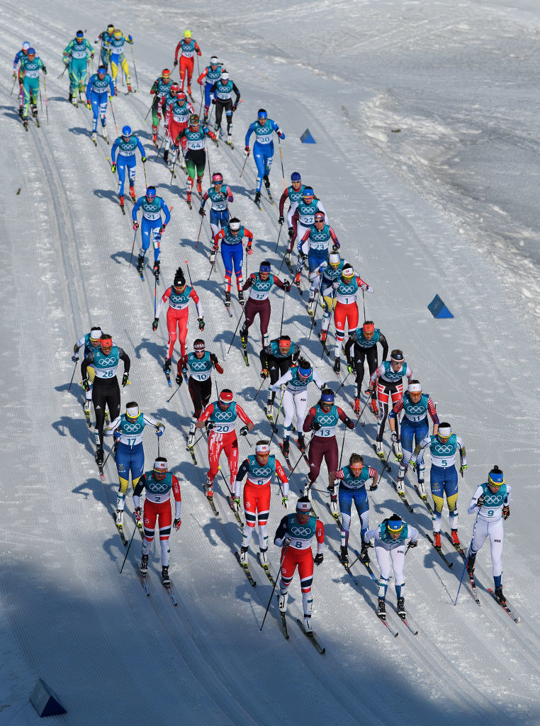 A group of cross country skiers during a race