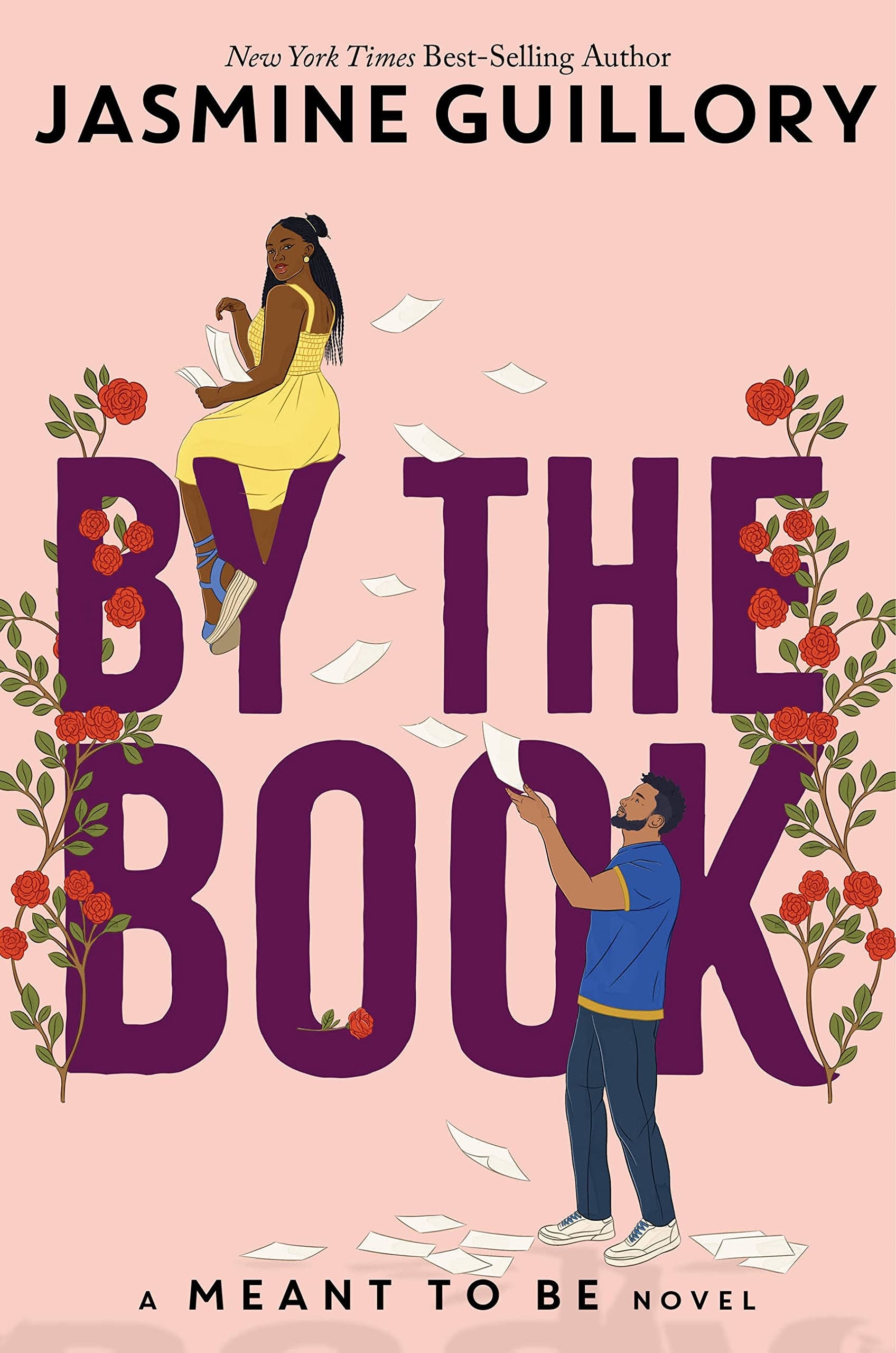 A light pink book cover featuring a Black man holding out book pages to a Black woman that reads By The Book