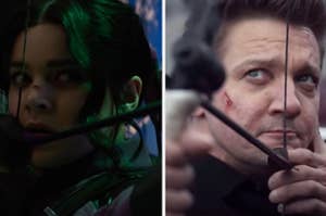 Kate Bishop is on the left shooting an arrow with Clinton Barton on the right