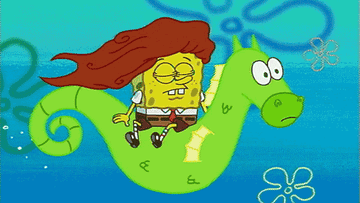 spongebob with flowing hair riding a seahorse