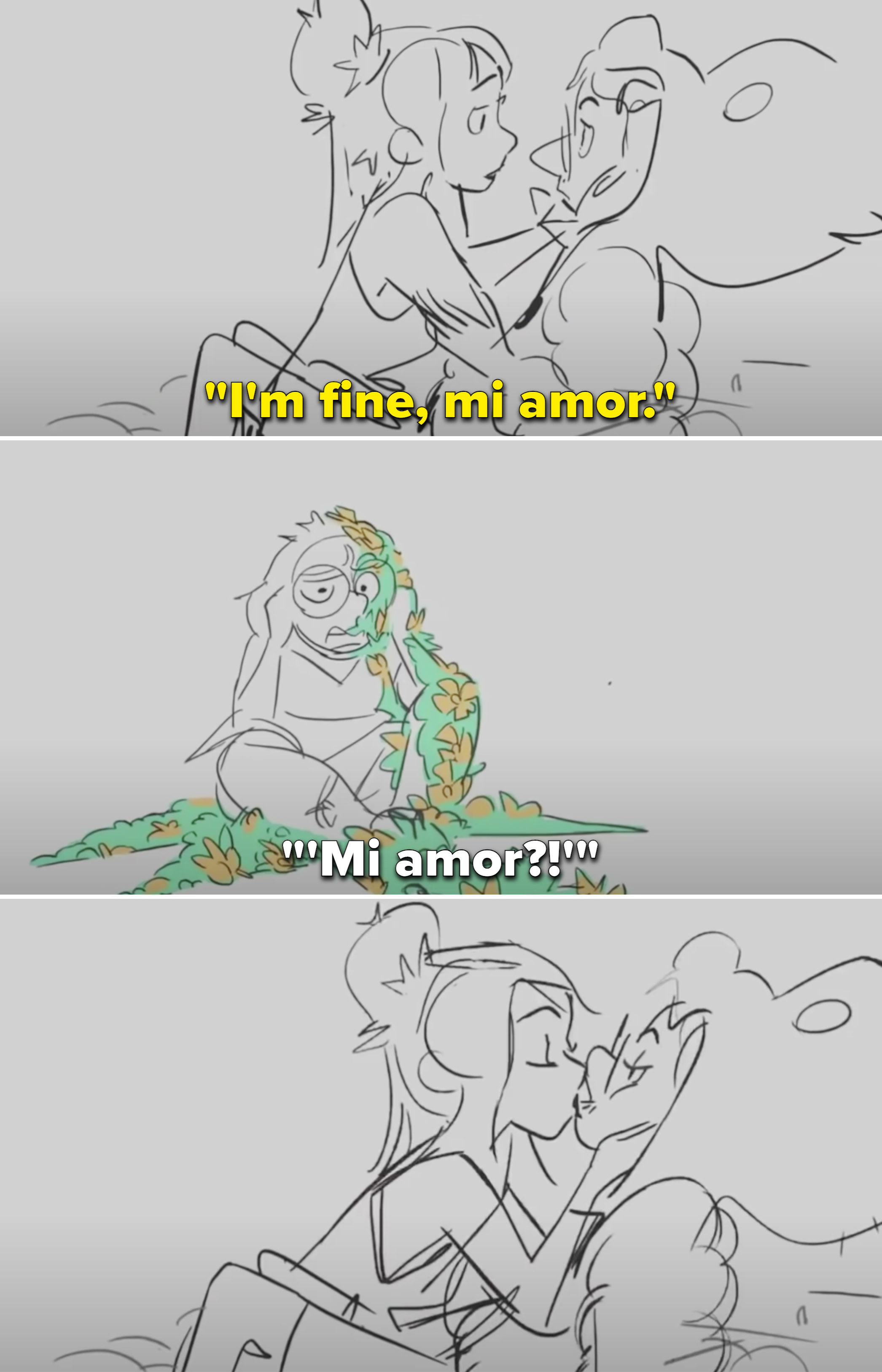 A sketch of Isabela kissing a man and calling him, &quot;Mi amor&quot; and Mirabel looking confused