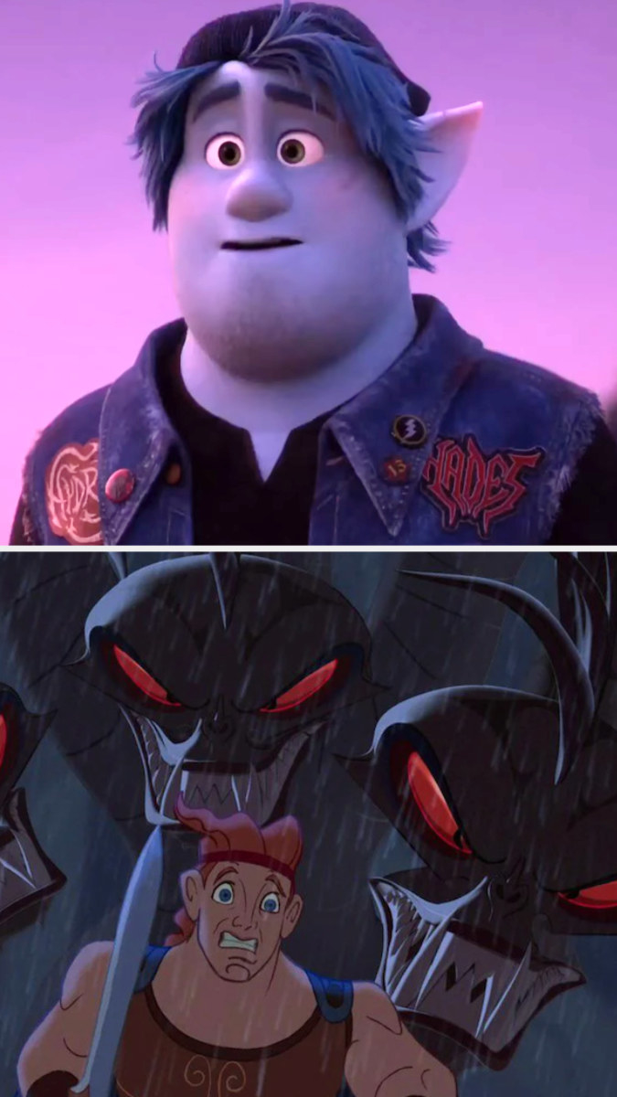 Barley wearing a denim vest with &quot;Hades&quot; on it; Hercules in &quot;Hercules&quot; running from a Hydra
