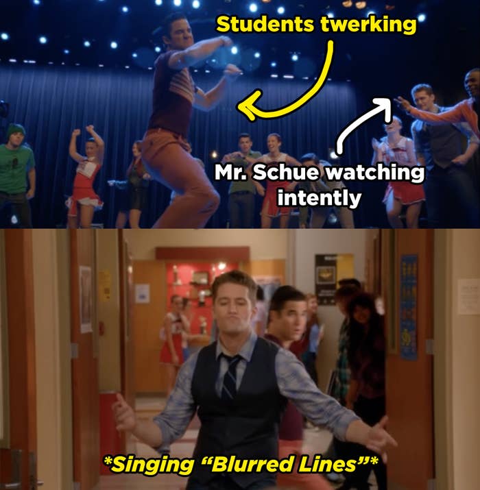 Mr Schue watches the kids twerk and then he sings Blurred Lines to them