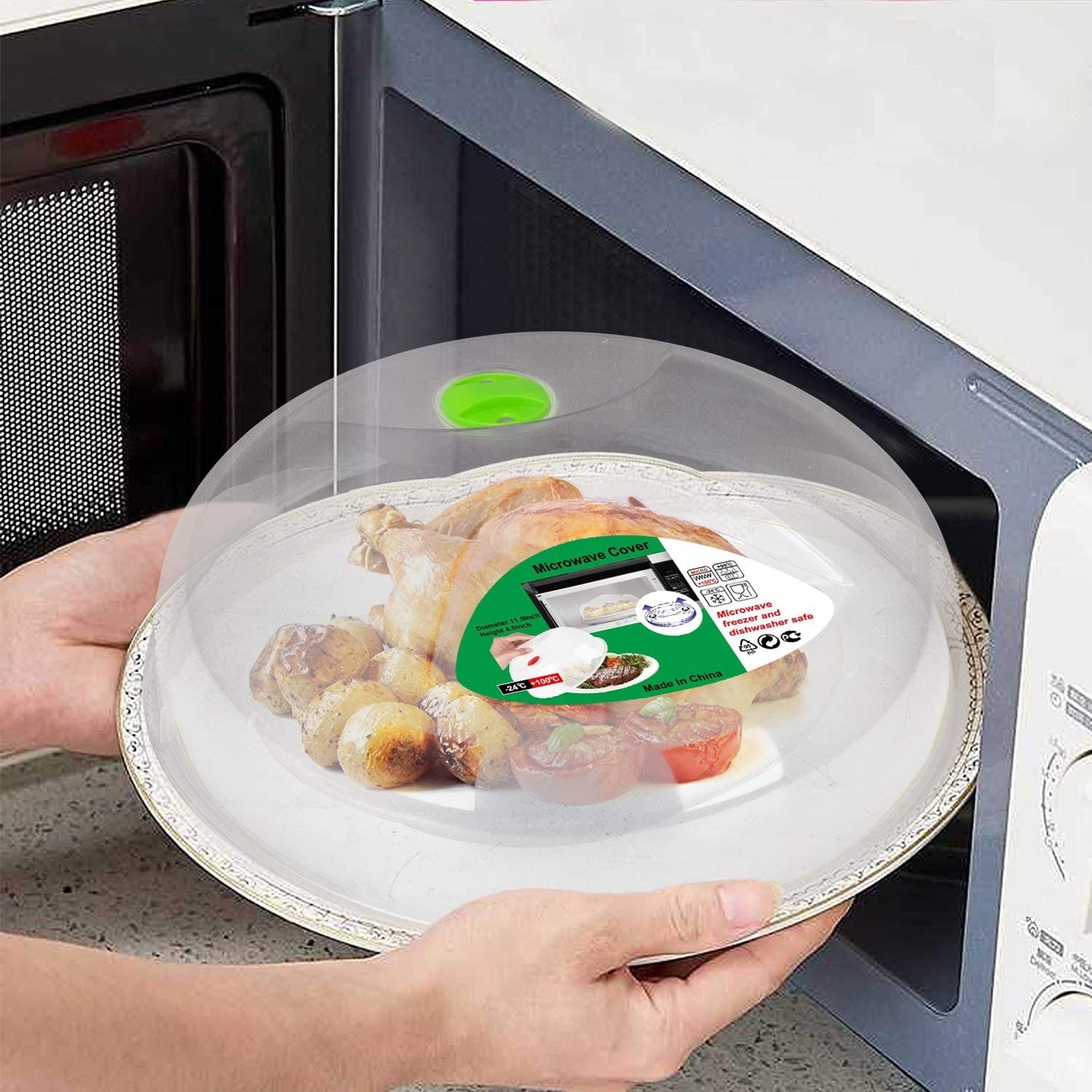 A person putting a meal with the cover on it into the microwave