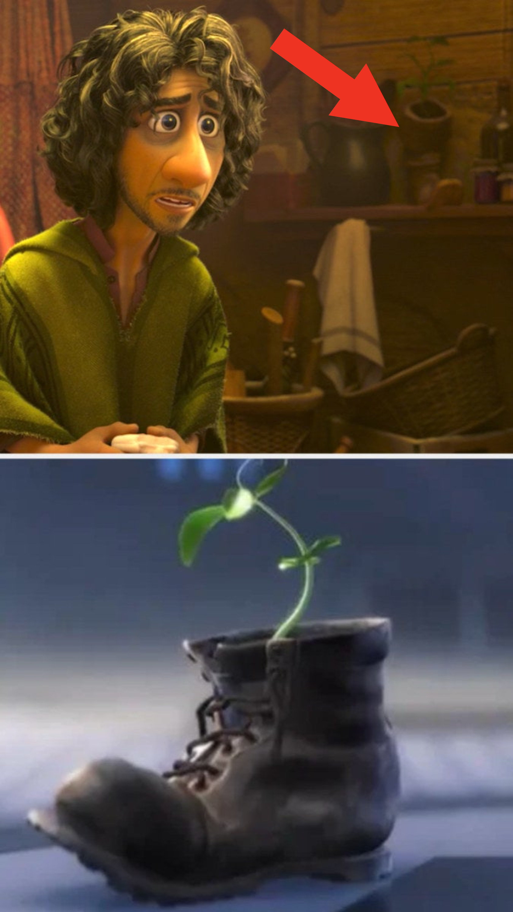 Bruno hiding behind the walls in &quot;Encanto;&quot; the boot with the plant in it from &quot;WALL-E&quot;