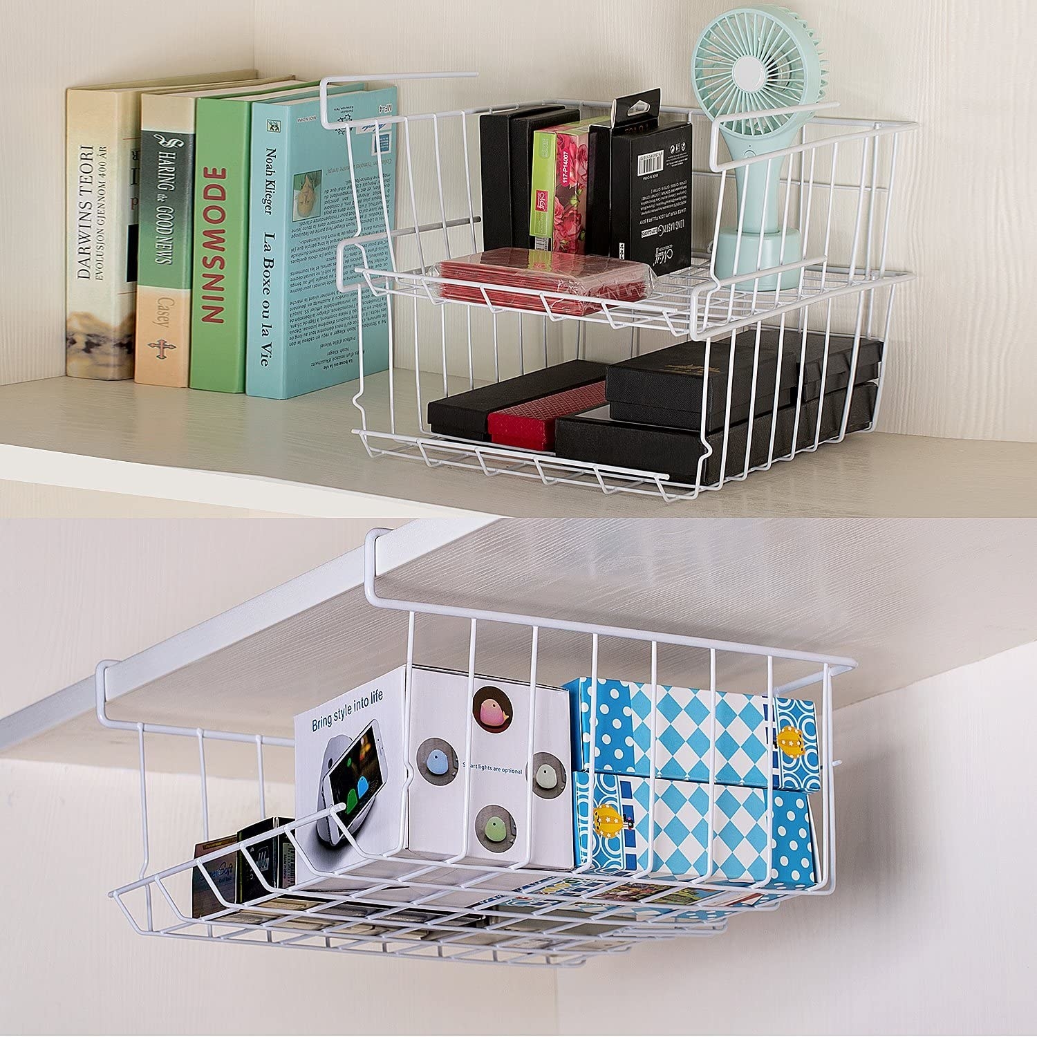 The shelves installed in closets holding small items and tech accessories