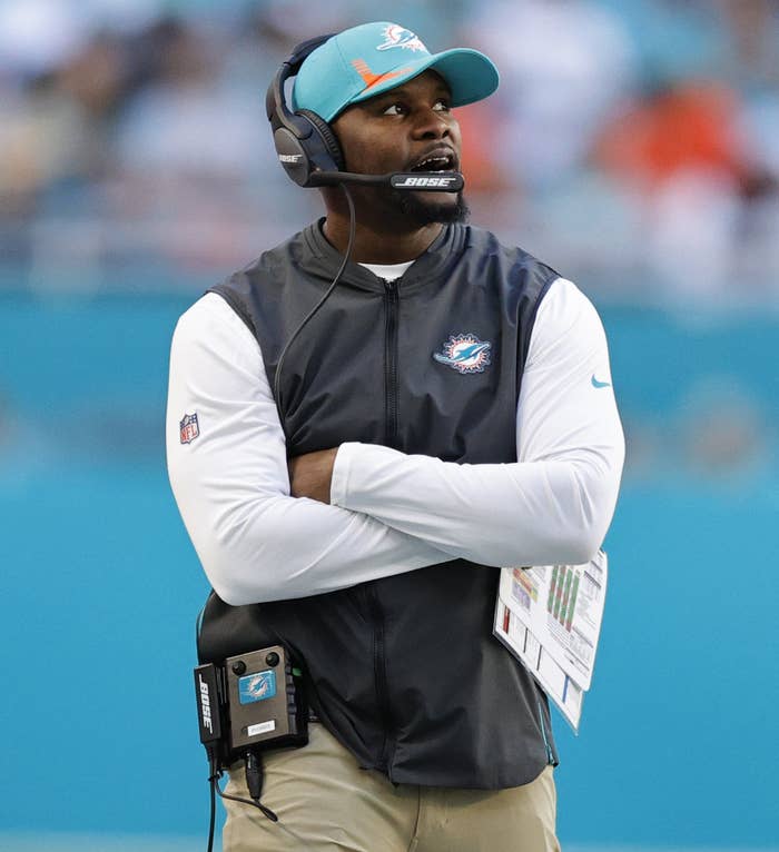 Miami Dolphins head coach Brian Flores looks from the sidelines during fourth quarter against the Houston Texans at Hard Rock Stadium