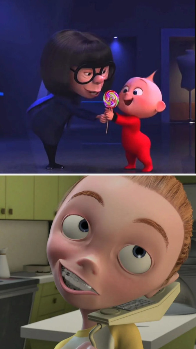Edna Mode babysitting Jack Jack in &quot;Incredibles 2;&quot; Kari the babysitter from &quot;The Incredibles&quot;