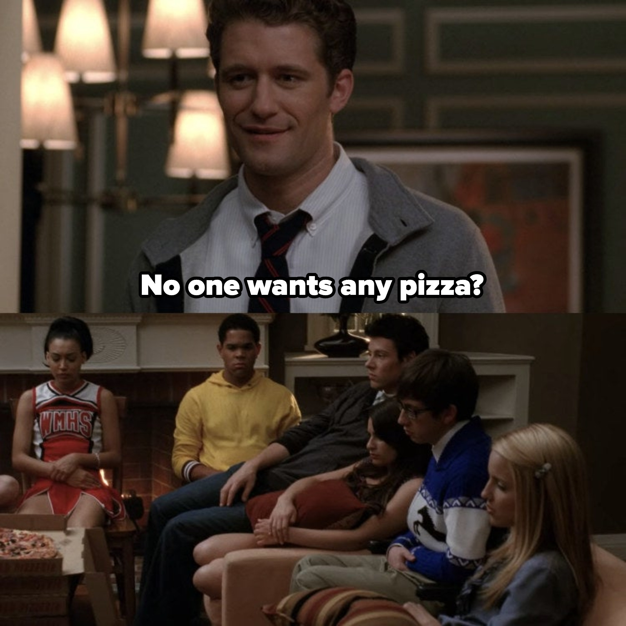 The Glee kids sit in Mr Schue&#x27;s living room and he gives them pizza