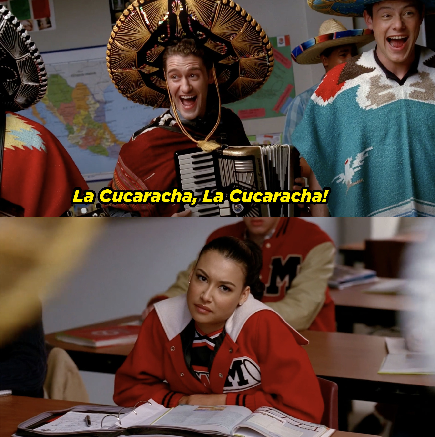 Schue and students perform La Cucaracha, while his student look disgusted