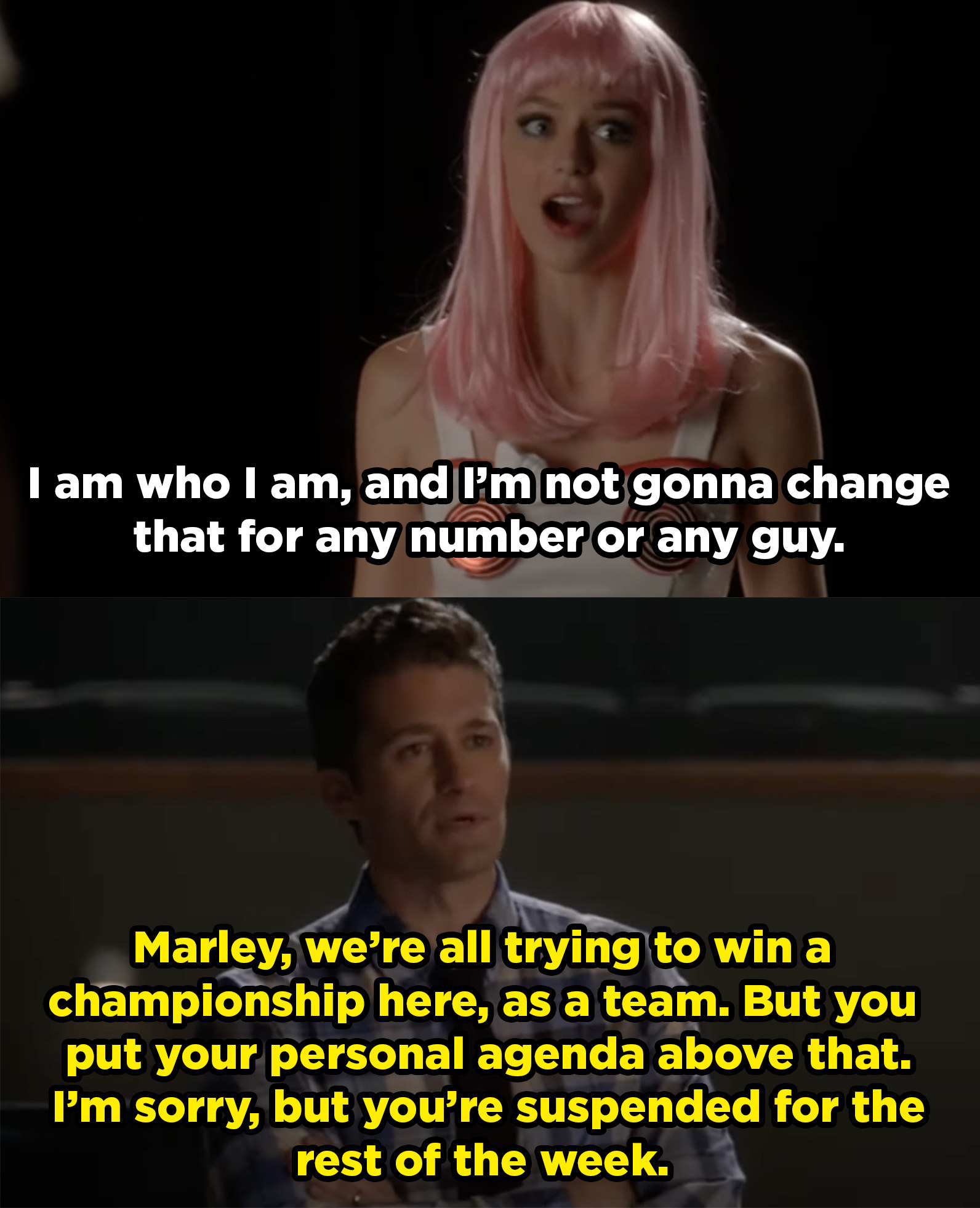 Marley says she is who she is and won&#x27;t change it for a number, then Mr. Schue tells her she put her personal agenda above the team and suspends her