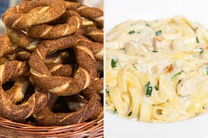 Turkish bread is on the left with a bowl of pasta on the right