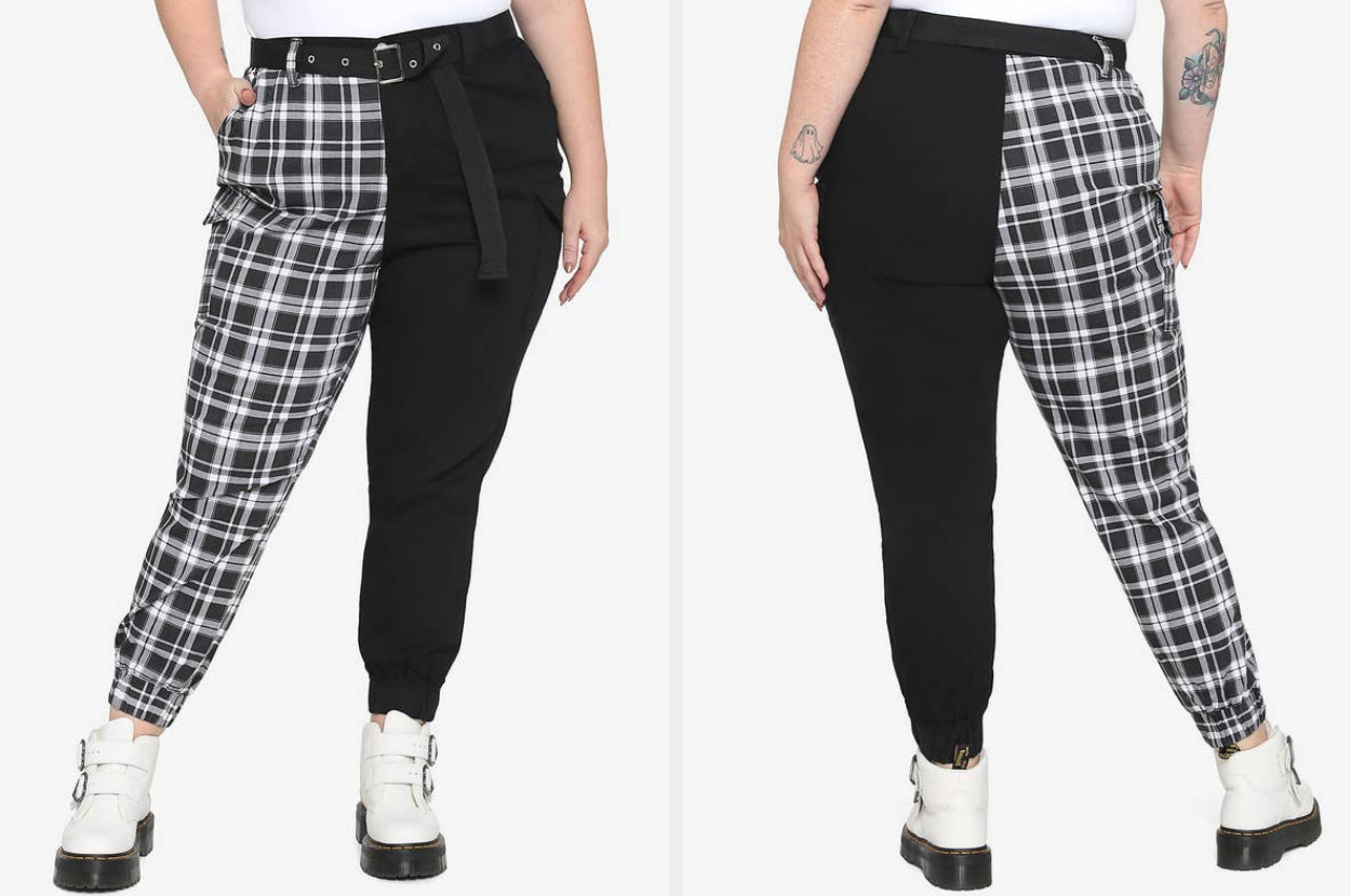 Model wearing black and white plaid pants