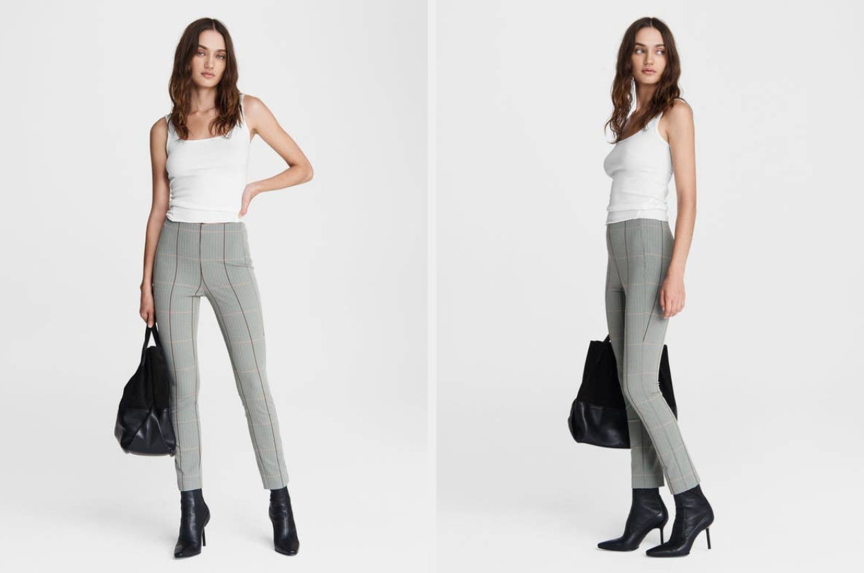 Model wearing gray plaid pants