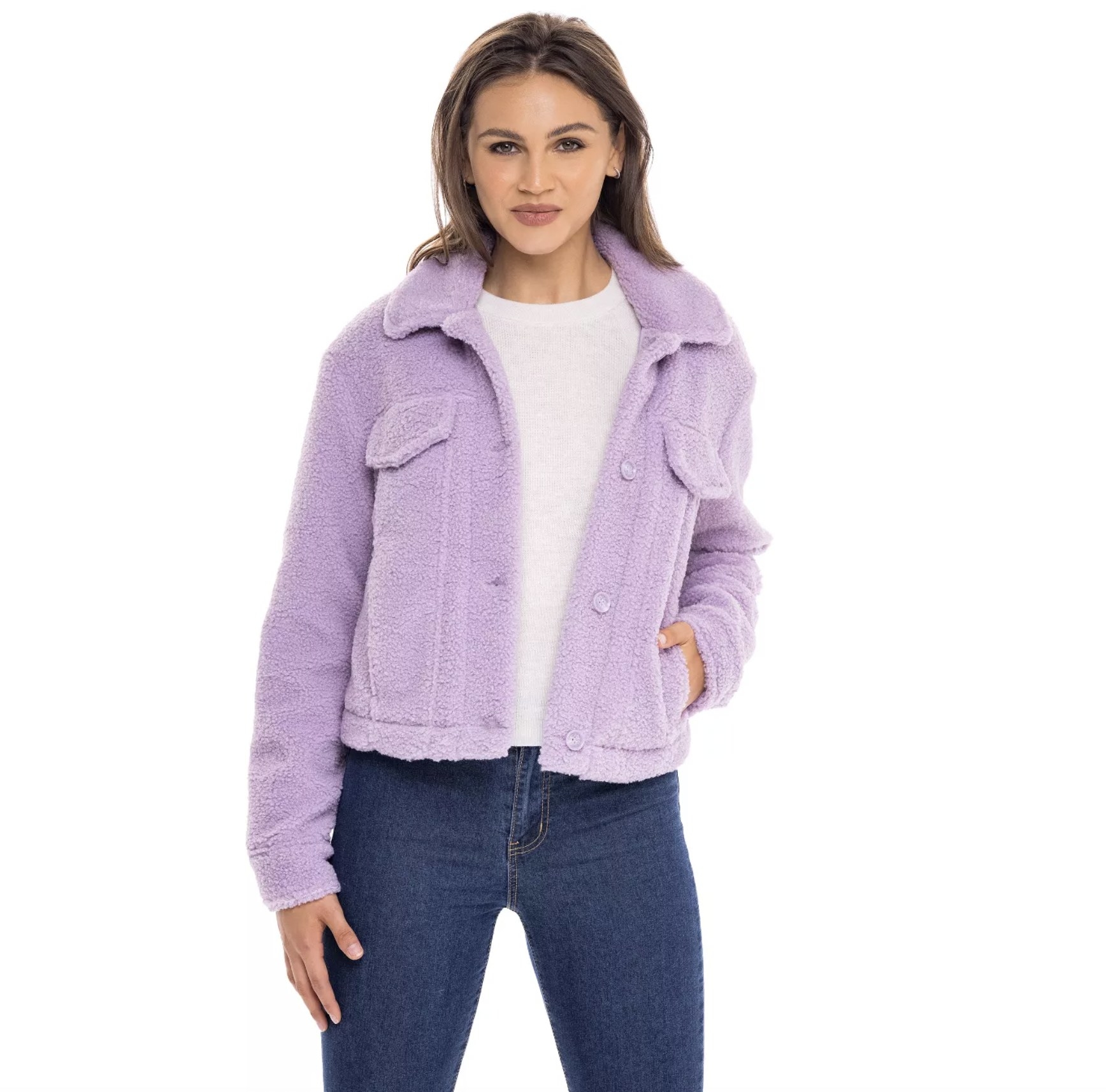model wearing the jacket in purple