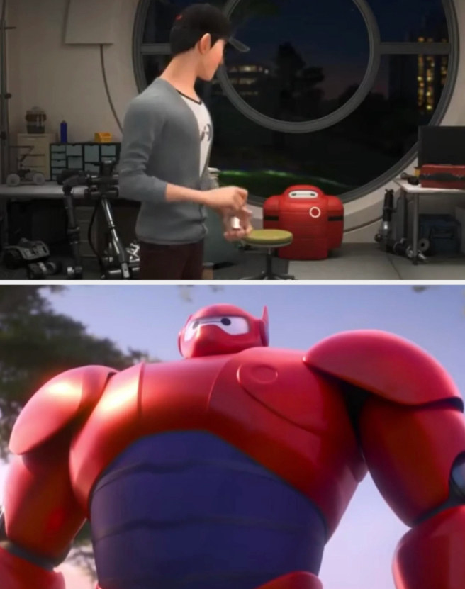 Tadashi designing charging case for Baymax; Baymax later in the film looking very similar to Tadashi&#x27;s design