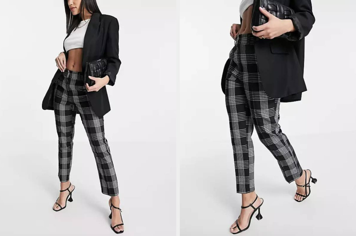 Two images of a model wearing black and gray plaid pants