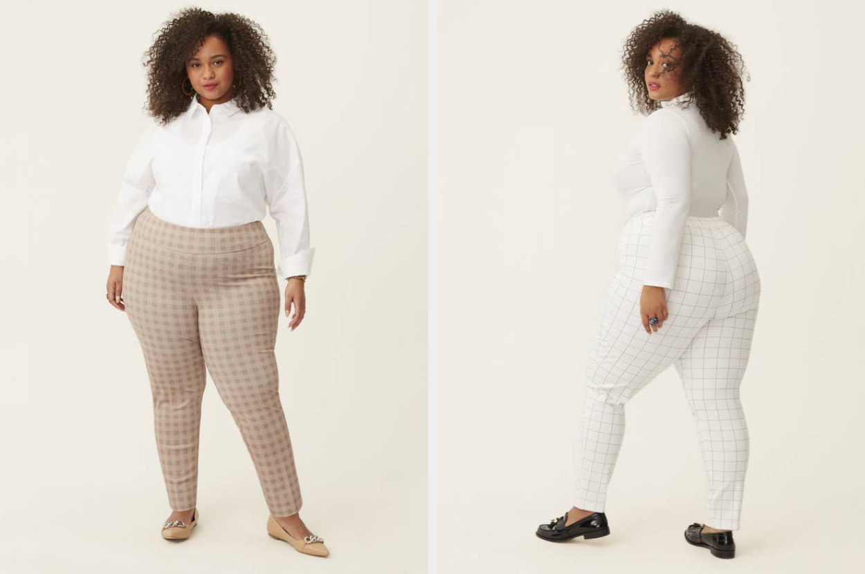 Model wearing two pairs of plaid pants