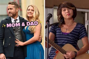 在左边，瑞安·雷诺兹（Ryan Reynolds）和布雷克（Blake）活泼的标签为妈妈和爸爸，在左边，海莉·基约科（Hayley Kiyoko）在柠檬水嘴里饰演斯特拉