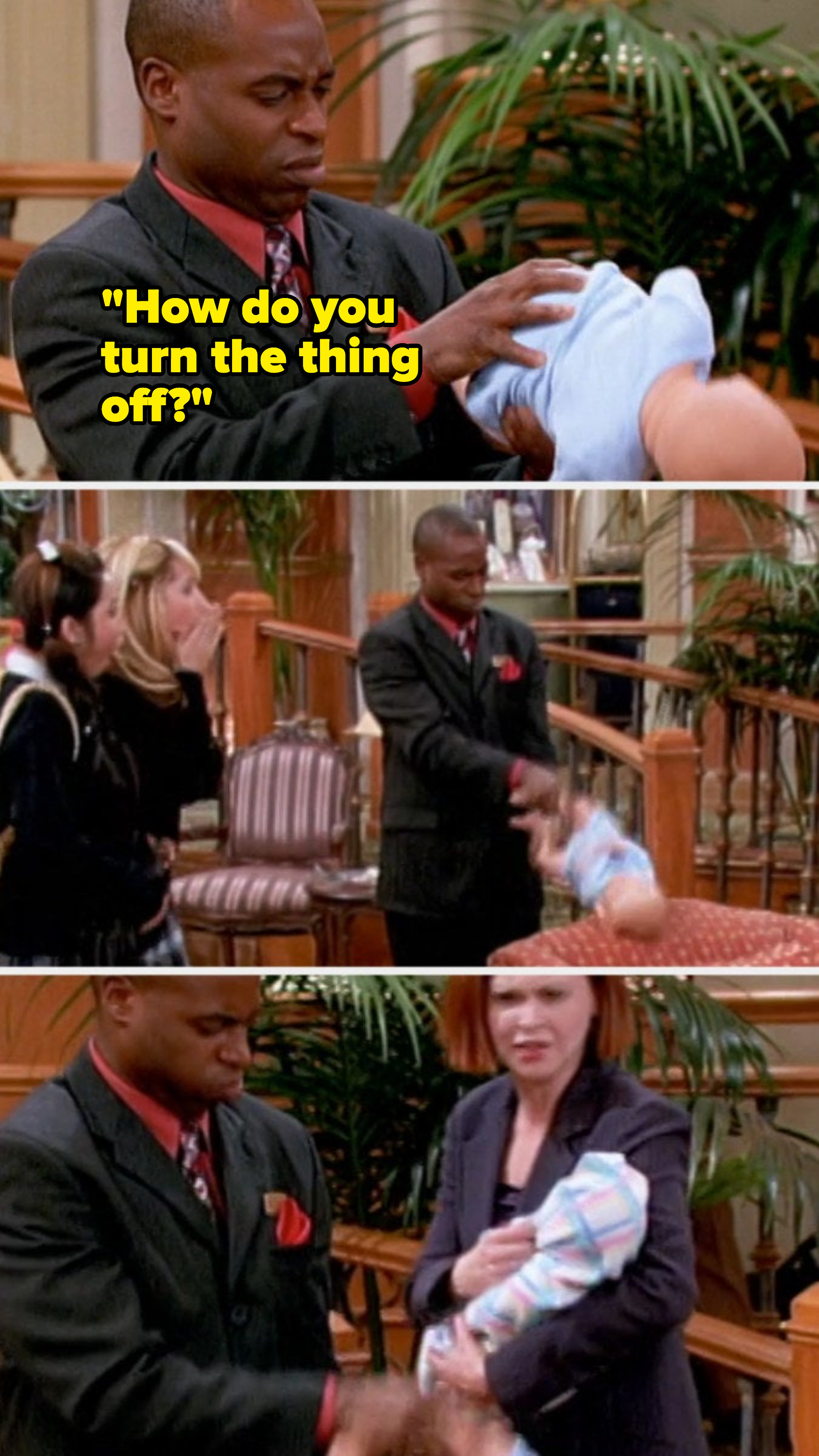 Mr. Moseby alarms a hotel guest when he throws a crying baby doll against a chair