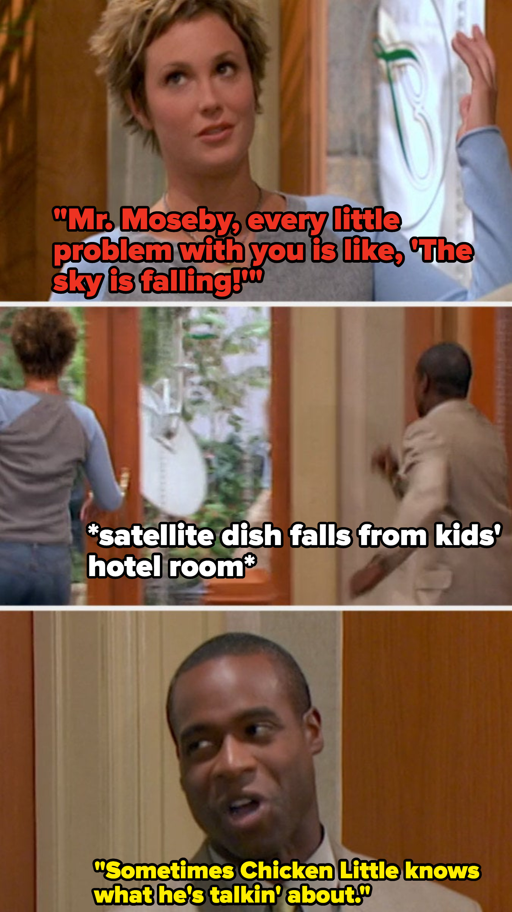 Mr. Moseby and Carey Martin witness a satellite dish falling from the twins' hotel room